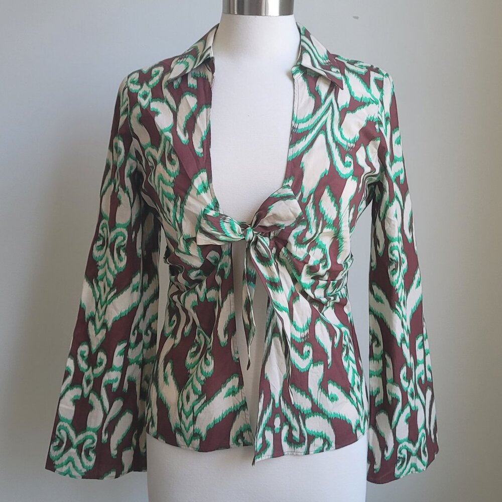 Zara The Selena Blouse Bohemian Print Bell Sleeve Tie Front Blouse Size M